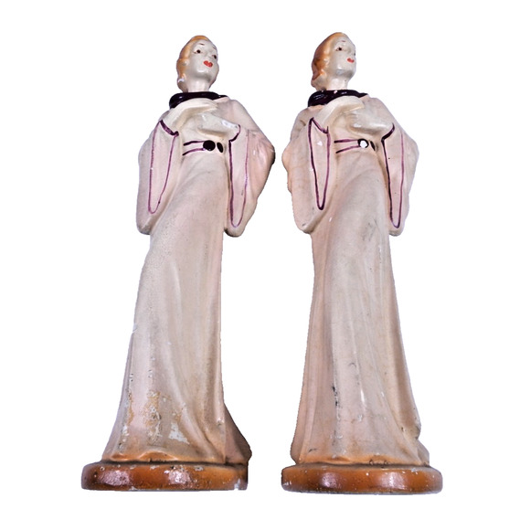 Pair Circa 1920's Elegant Woman in Robe Full Body Chalkware Statue Figurines 12" - Picture 2 of 10